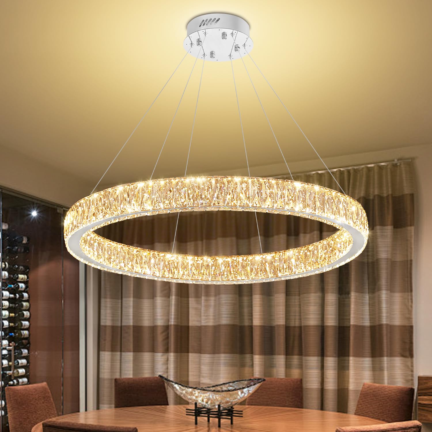 Photo 1 of IDEQUY Modern LED Dimmable Crystal Chandelier 31.5" Ring Pendant Light Adjustable Round Chrome Crystal Chandelier Light Fixtures for Dining Room Living Room