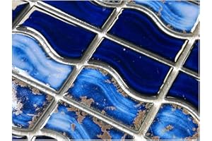 Tenedos Wave Sea Cobalt Blue with Calacatta Gold Porcelain Lineup Border Pool Wall Tile on 6x12 Mesh for Easy Installation, for Bathroom Wall, Backsplash (1 Piece)