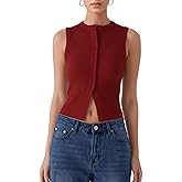 Women’s Button Down Tank Tops Sleeveless Ribbed Crop Summer Button Up Crewneck Vest Shirt Going Out Slim Fit Tops