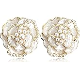 JNONL Handmade Minimalist Gold Sparkly Crystal Flower Stud Earrings Exquisite Elegant Camellia Flower Enamel Alloy Diamond Pearl Dangle Drop Earrings for Women Jewelry Gifts