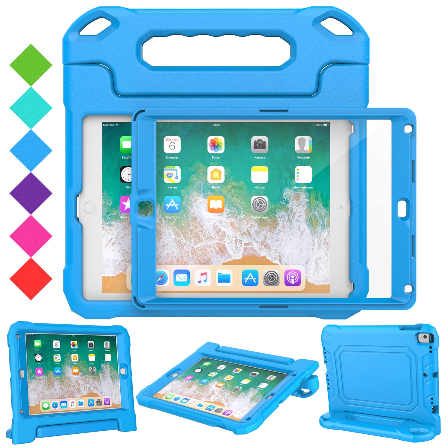 Suplik Kids Case for iPad 5th/6th Generation (9.7 inch, 2017/2018), iPad Air 1 & Air 2 & Pro 9.7 Case with Screen Protector, Durable Shockproof Kids Cover with Handle Stand, Blue
