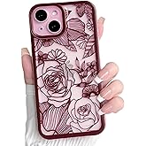 NITITOP Compatible with iPhone 15 Case Clear Cute Rose Flower Floral Leaves Pattern for Women Girls Color Frame Slim Durable Shockproof Protective Phone Cover - Wine Red