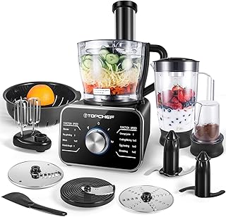 Küchenmaschine Multifunktions TOPCHEF, Standmixer, Mixer, Zerkleinerer, Entsafter, Zitruspresse, Multi Mixer mit Knethaken, Häcksler, Reibe, 3.5 Liter Rührschüssel 1,5 Liter Mixgefäß, 1100W, Schwarz