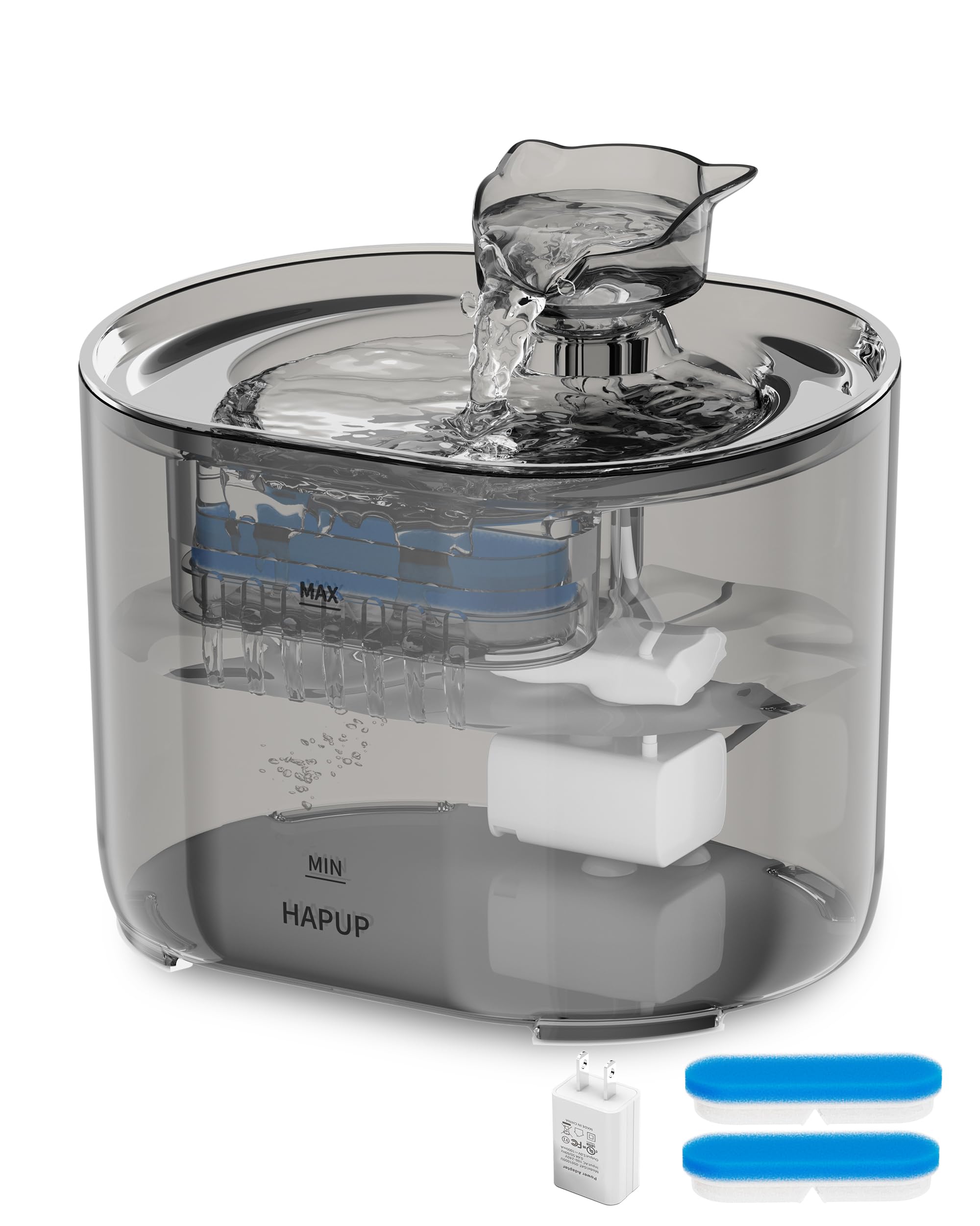 HAPUP Cat Fountain 2.2L Automatic Quiet Cat Drinking Fountain with 2 Filters, 1 Pump, 1 UK Adapter, 1 Brush for Cats, Puppy Indoor, FT666, Black