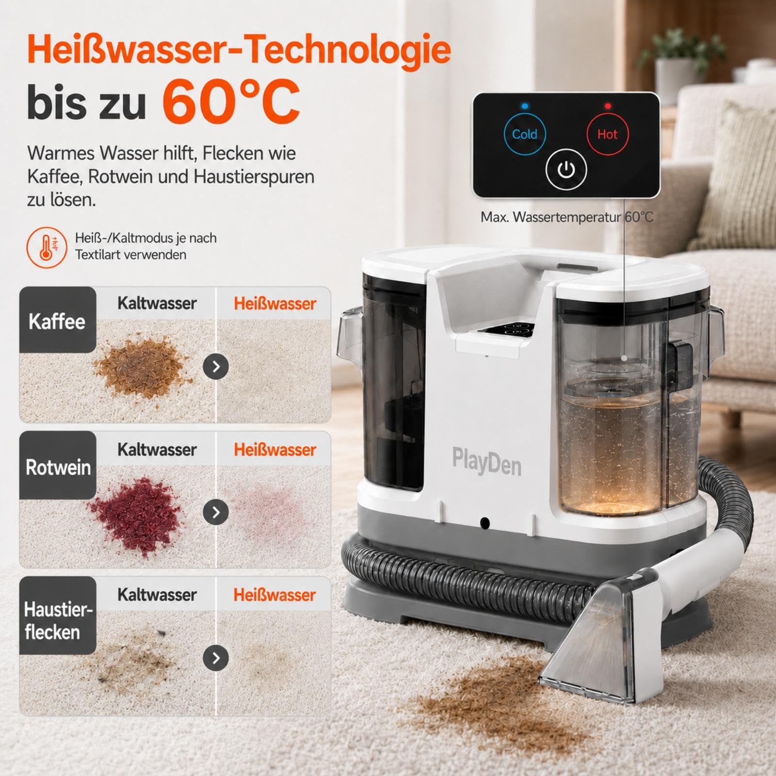 450W Polsterreiniger Gerät Nasssauger Waschsauger, 12Kpa Teppichreiniger 2