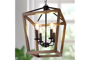 BRIGHTHOME Farmhouse Chandelier Light Fixture for Kitchen Dining Room, 4-Light Rustic Pendant Hanging Ceiling Light Height Adjustable in Oak Wood Finish, Cage Lantern Lighting with E12 Base for Hallway Foyer