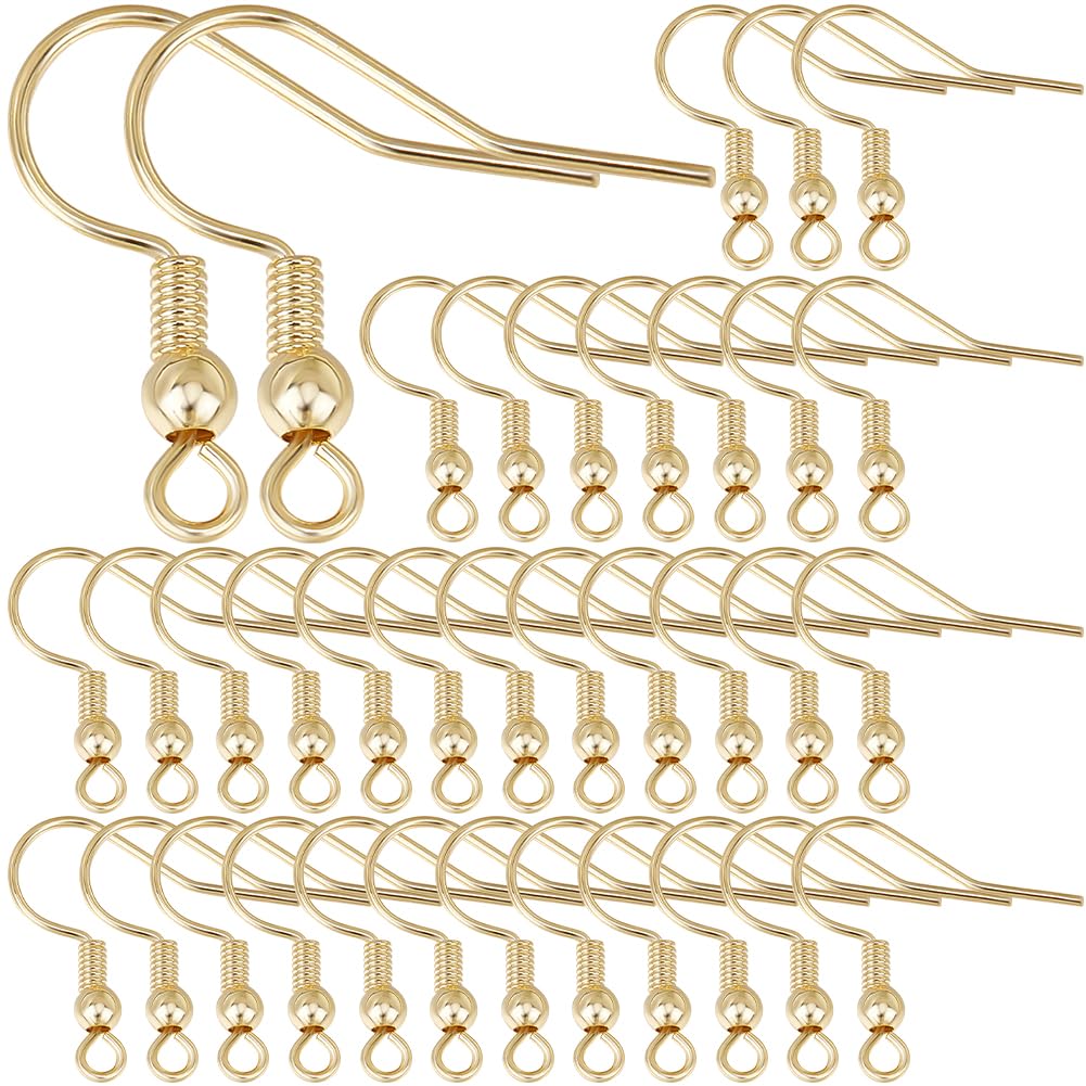SUNNYCLUE 1 Box 100Pcs Real 18K Gold Plated Earring Hooks French Hook Ear Wires Brass Fish Hook Earring with Ball Dot Coil Earrings Earwire Findings for jewellery Making Supplies DIY Dangle Earrings