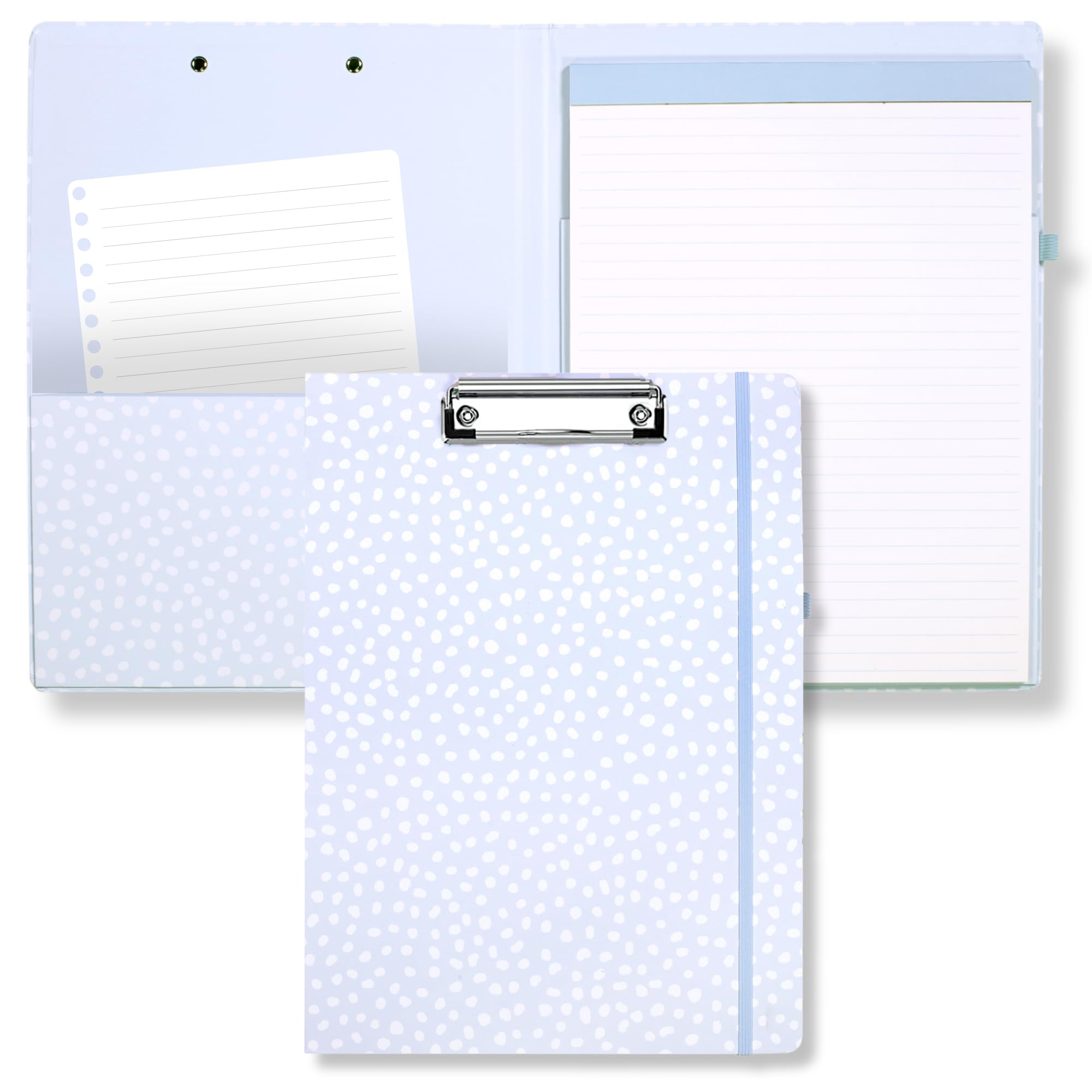 Steel Mill & Co Cute Clipboard Folio with Refillable Lined Notepad and Interior Storage Pocket, Padfolio for Work, Light Blue Dots