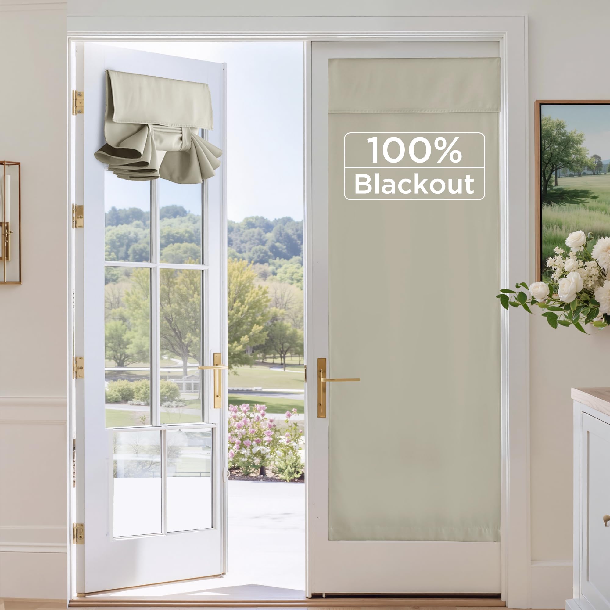 Photo 1 of RYB HOME 100% Blackout French Door Curtain - Door Window Curtains Room Darkening No Coating Thermal Insulated Privacy Protection Adhesive Cover for Glass Window, W 26 x L 72, 1 Panel, Natural