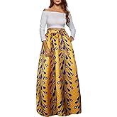 Afibi Women African Printed Maxi Skirt Flared Skirt A Line Long Skirts with Pockets S-5XL