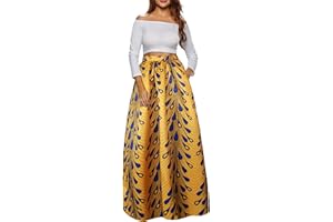 Afibi Women African Printed Maxi Skirt Flared Skirt A Line Long Skirts with Pockets S-5XL