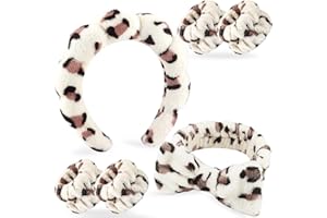 Zkptops 6Pcs Spa Headband for Washing Face Wristbands Set Women Bubble Skincare Makeup Sponge Plush Padded Puffy Headband Bow Tie Hairband Cute Non Slip Thick Hair Accessory Gifts(Beige Leopard)