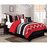 Chezmoi Collection Arden 7-Piece Modern Pleated Stripe Embroidered Zigzag Bedding Comforter Set (Full, Red/Black/Gray/Off-White)