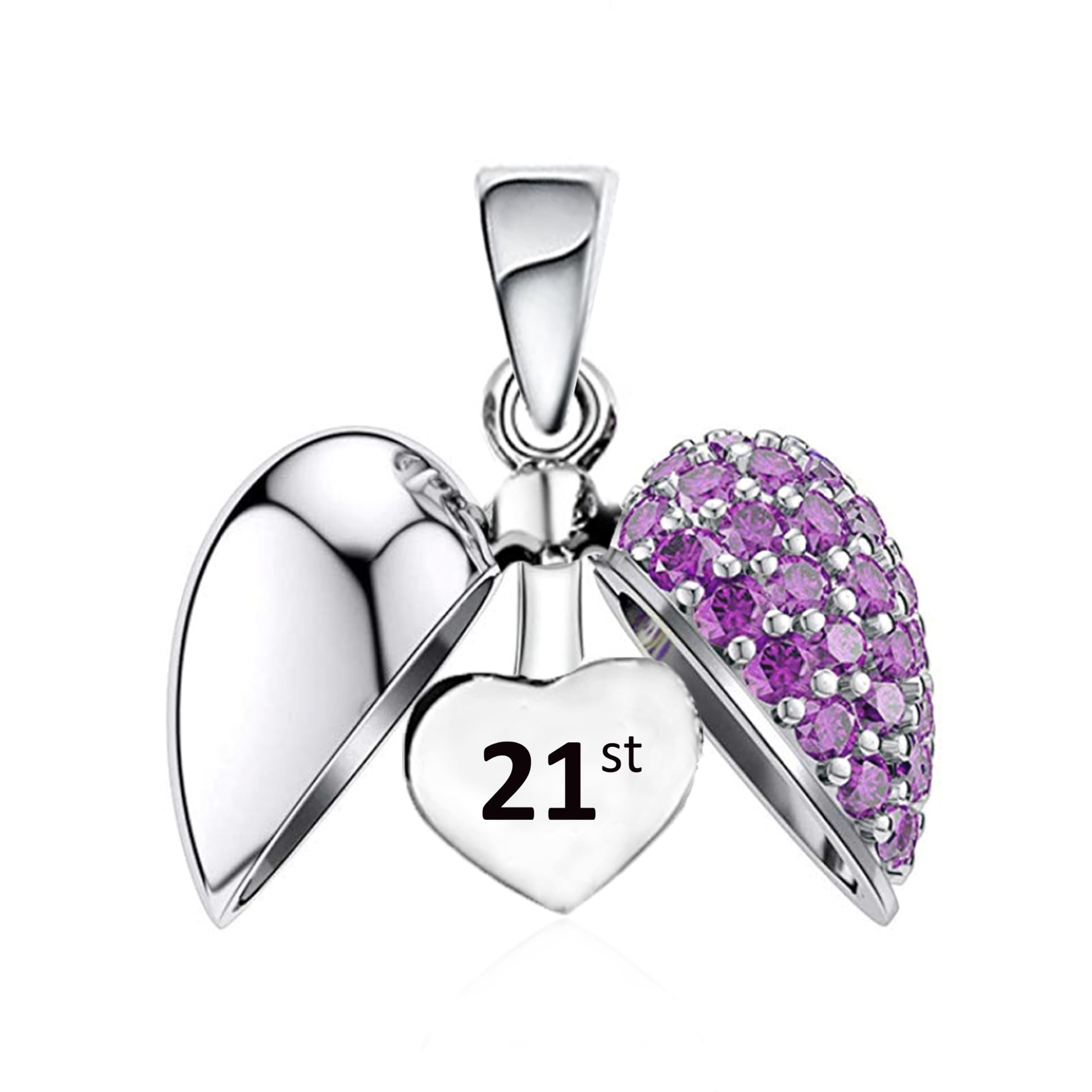 21st Purple Love Heart Charm Bead Necklace Pendant 925 Sterling Silver for Pandora Moment Bracelets - 21 Birthday Her Girls Women - Gift Box