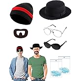 EchoElce Halloween Costume Accessories Men Set Include Black Hat Beanie Cap Sunglasses Transparent Lens Glasses Fake Beard Blue Particles for Cosplay Party