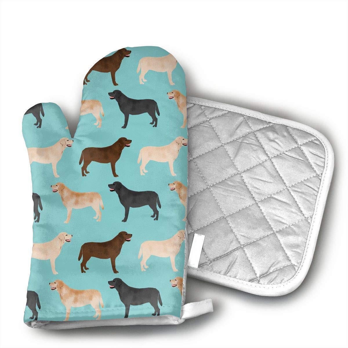 Cute Labradors Yellow Chocolate Black Lab Pet Dogs Oven Mitts,Professional Heat Resistant Microwave BBQ Oven Insulation Thickening Cotton Gloves Baking Pot Mitts Soft Inner Lining Kitchen Cooking