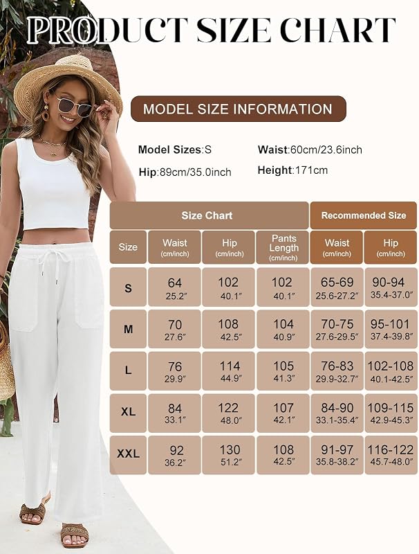 Pantalones Verano Mujer Ancho Fluido Pantalon Cintura Elastica Comodo Ligero Pantalones Rectos con 4 Bolsillos, Blanco, XXL
