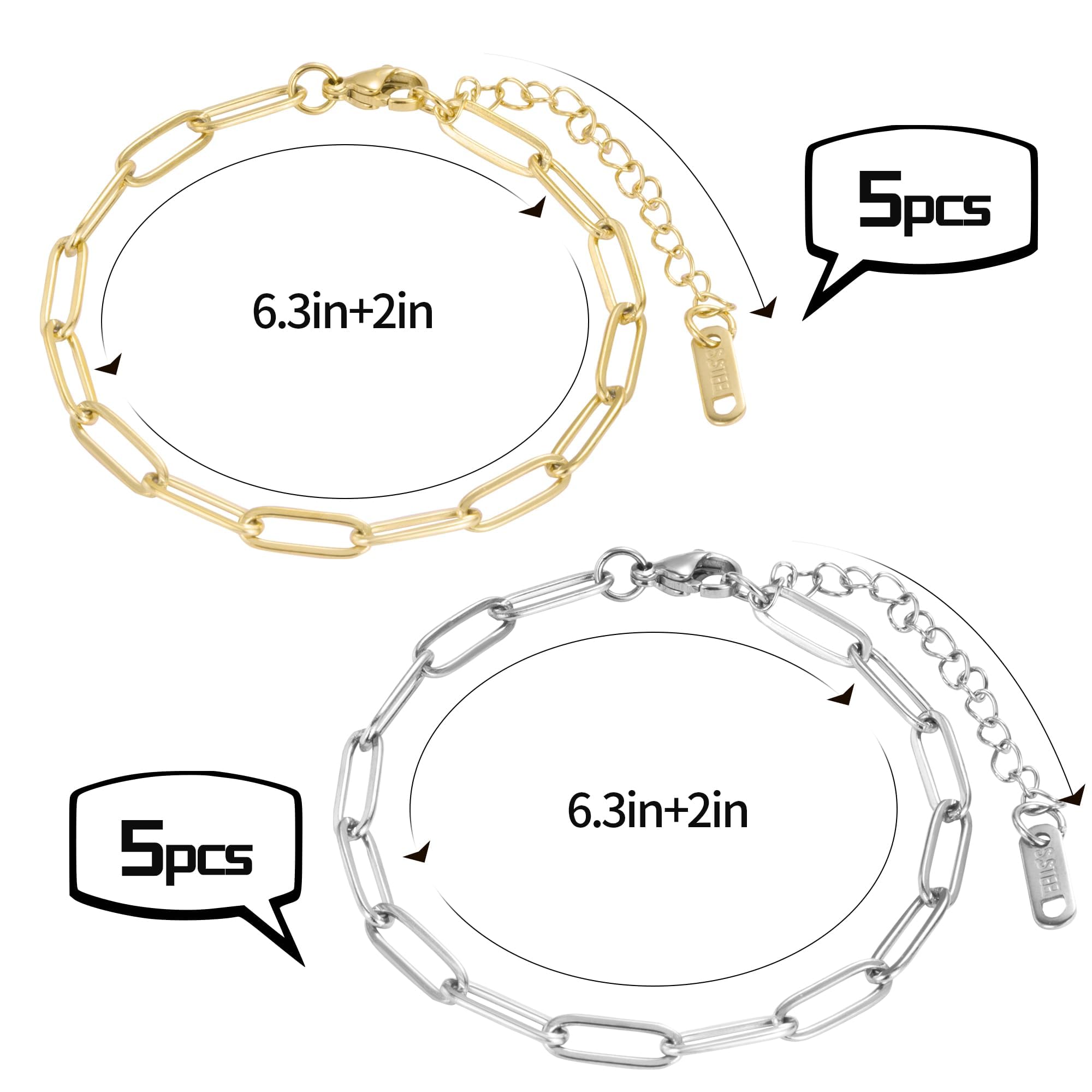 HUISUYTON 10 PCS Charm Bracelet Chain, 18K Gold Charm Bracelet Kit, 6.3Inch Paperclip Chain Bracelets, Chain Bracelet for Jewelry Making, Adjustable Jewelry Charm for Crafting and Gifting