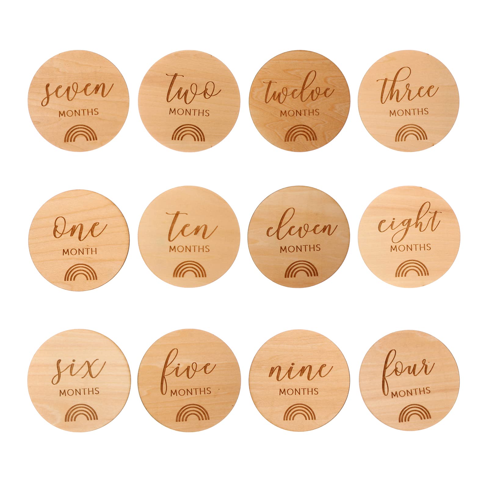 TOYANDONA 12Pcs Baby Monthly Cards Sign, Baby Monthly Milestones for Newborn Baby, 1-12 Months Wooden Discs with Baby Announcement Sign, Gender-Neutral for Newborn Boy and Girl