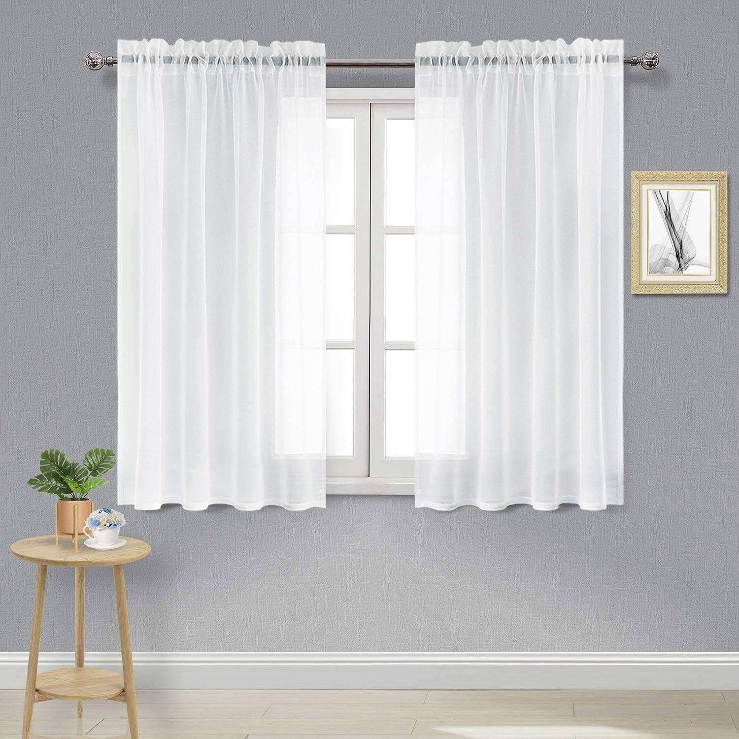 DWCN White Sheer Curtains Semi Transparent Voile Rod Pocket Curtains for Bedroom and Living Room, 52 x 45 inches Long, Set of 2 Panels