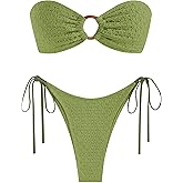 ZAFUL Women's Bandeau Bikini Strapless O Ring Lace Tie Back High Cut Two Piece Swimsuit Bathing Suits