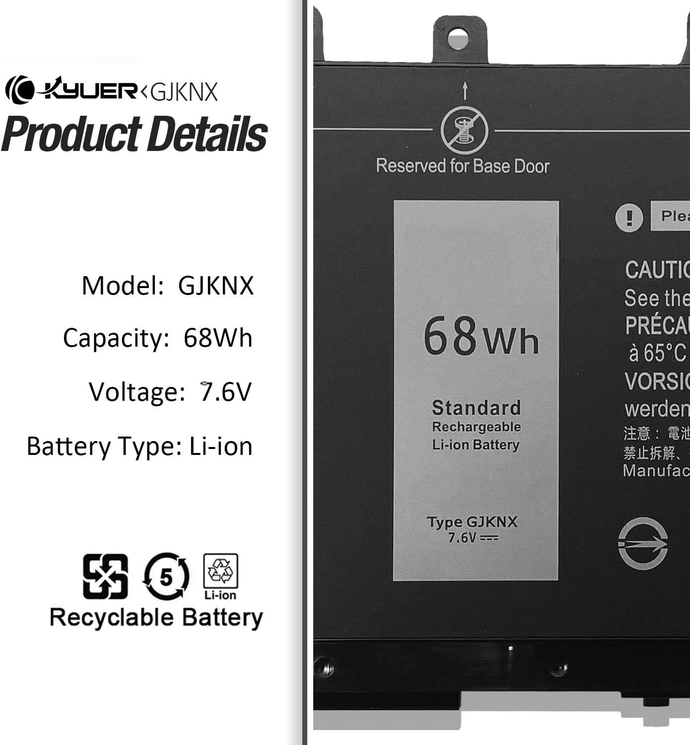 K KYUER 68WH GJKNX 93FTF Laptop Battery for Dell Latitude 5280 5288 5290 5480 5488 5490 5491 5495 5580 5590 Precision 15 3520 Mobile Workstation VG93N NY5PG WFWKK D4CMT 83XPC 4YFVG DJWGP DY9NT 5YHR4 - Image 3