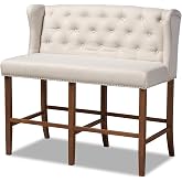 Bar Stool Bench Tufted Fabric Wood Bar Furniture Beige Home Kitchen Island Seating