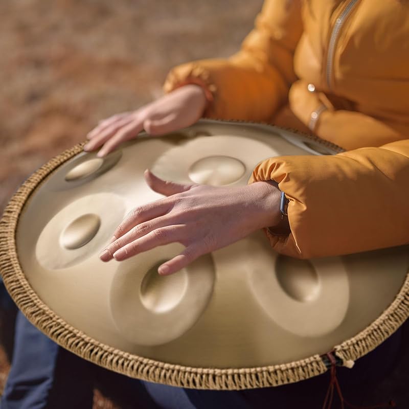 Tambor de Mano 55 cm 9 Notas 432 Hz, Tambor Handpan en D Menor con Mazos, Instrumento de Percusión con Bolsa de Transporte para Yoga, Meditación, Educación Musical de Principiantes, Dorado