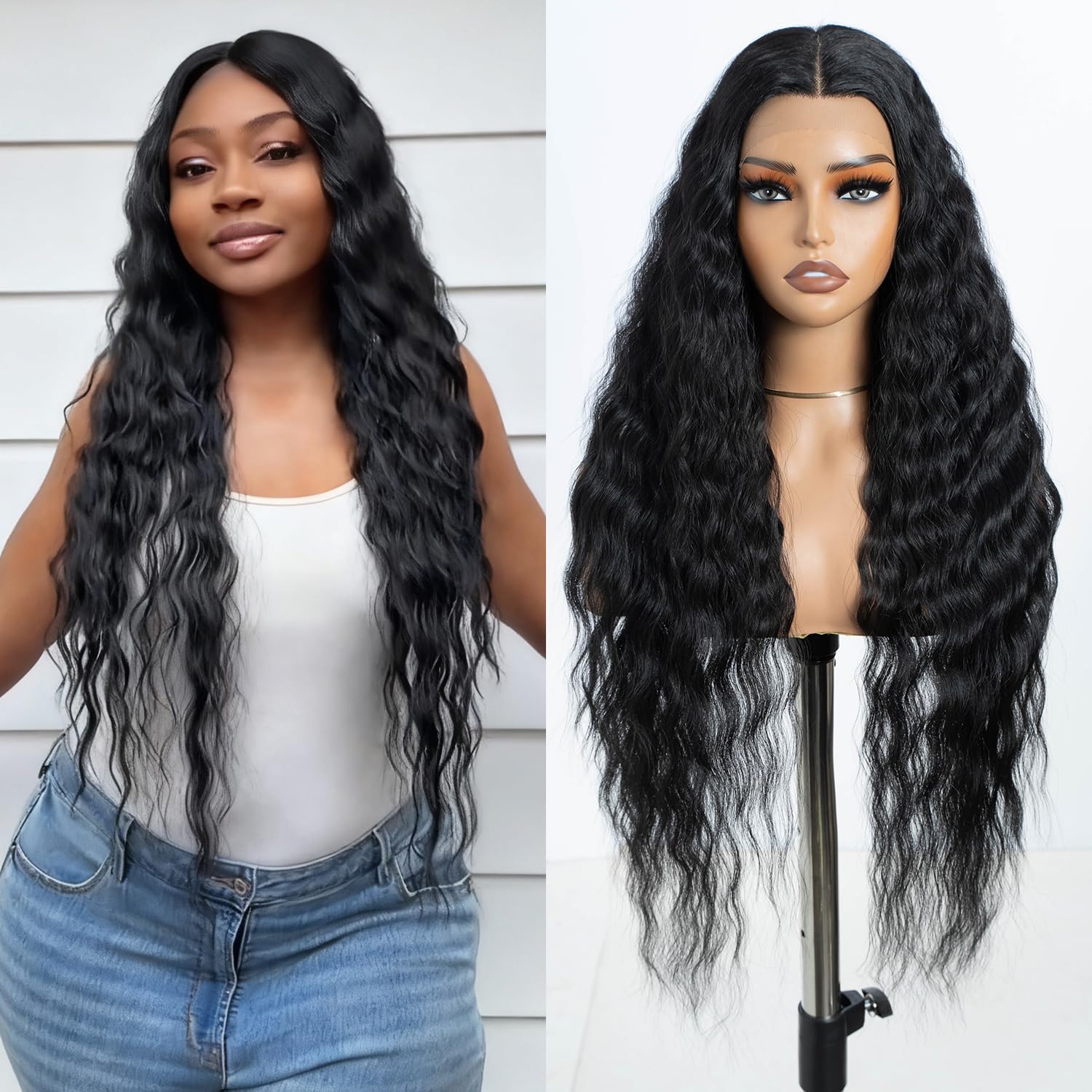 Style Icon Lace Front Wigs 30 inches Long Curly Wavy Synthetic Wigs Deep Middle Part Baby Hair Wigs for Women Heat Resistant Fiber (Natural Black)