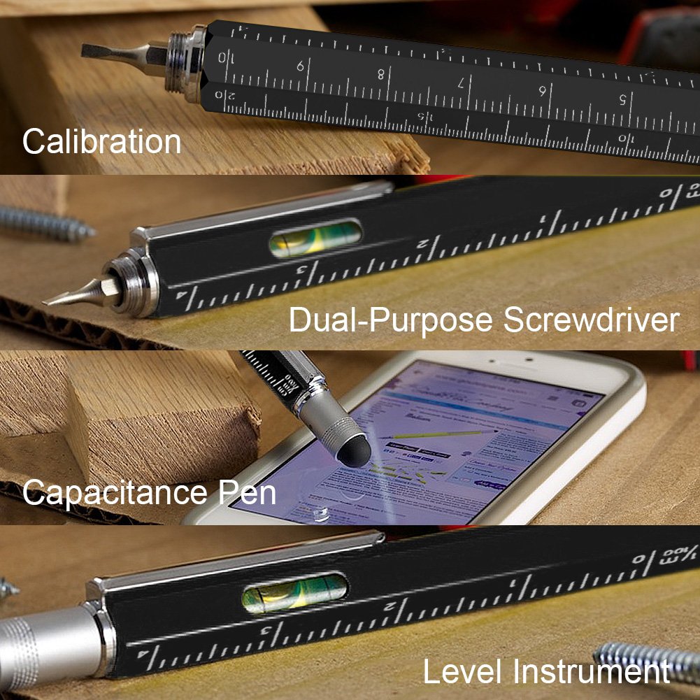 Alintor Multi Pen with Stylus, Multi Functional Pocket Tool, Touch Screen Stylus Pen, Ballpoint Pen with Scale Ruler, Sturdy Aluminum DIY Tool, Gifts for Men (Black)