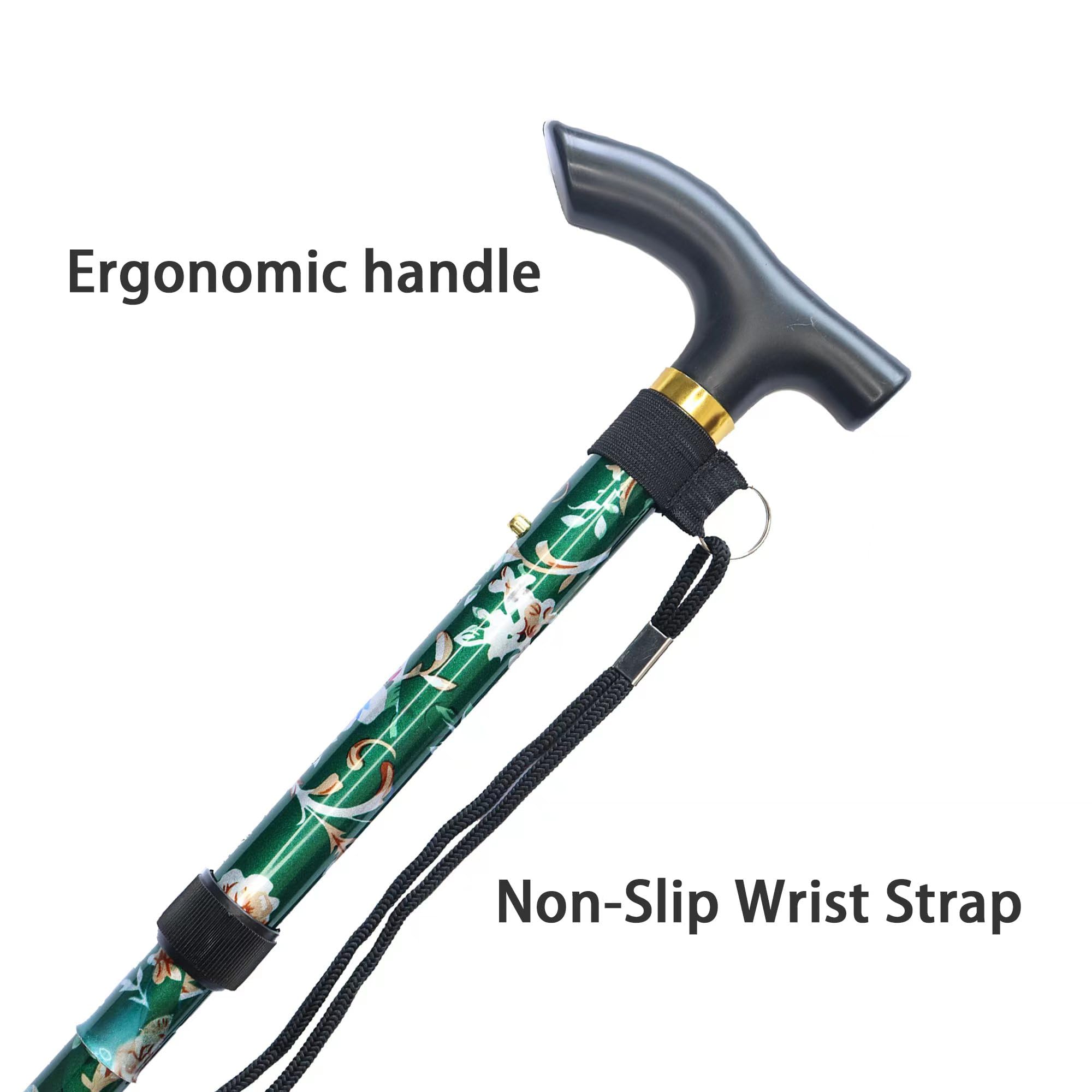 Folding Cane, 5-Level Adjustable Height Lightweight Portable Foldable Walking Canes with Wrist Strap and T Handle for Men Women Seniors