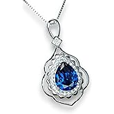 Teardrop Blue Sapphire Necklace 3 CT Royal Blue Sapphire Pendant Sterling Silver Pear Diamond Halo Gold Petal Jewelry Lab Created Gem #773