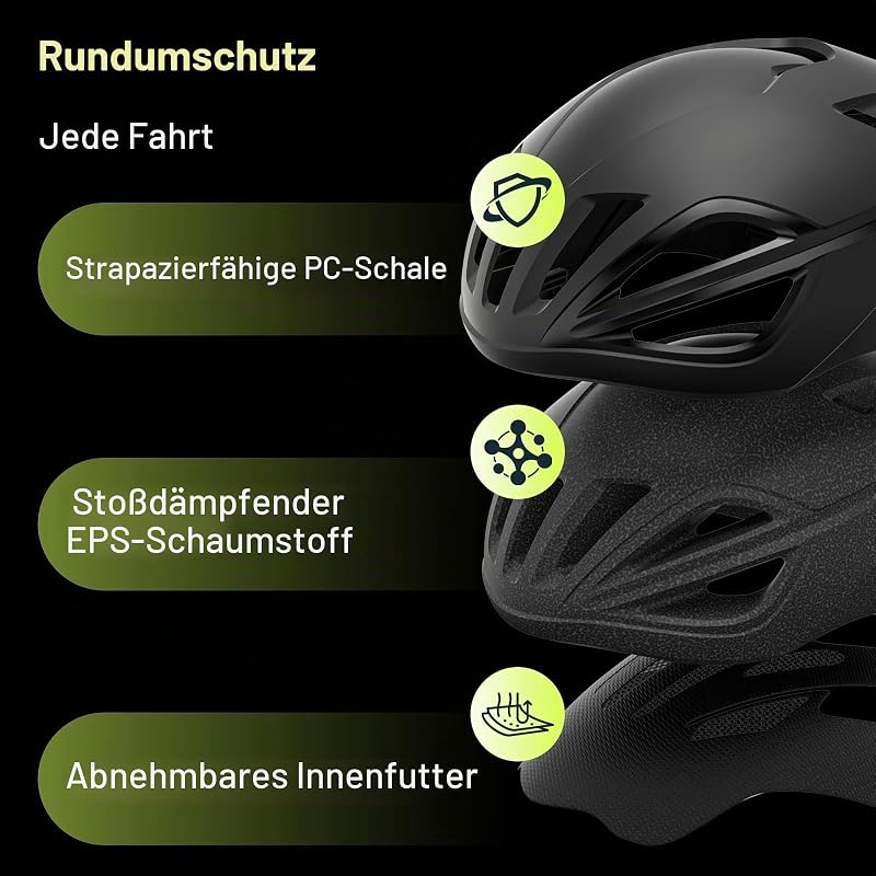 Erwachsene Fahrradhelm Herren Damen – Leicht stabil und verstellbar aus EPS-Material mit 15 Belüftungsöffnungen Innenfutter abnehmbar L (59–61 cm) (Matt Schwarz, L(59-61cm))