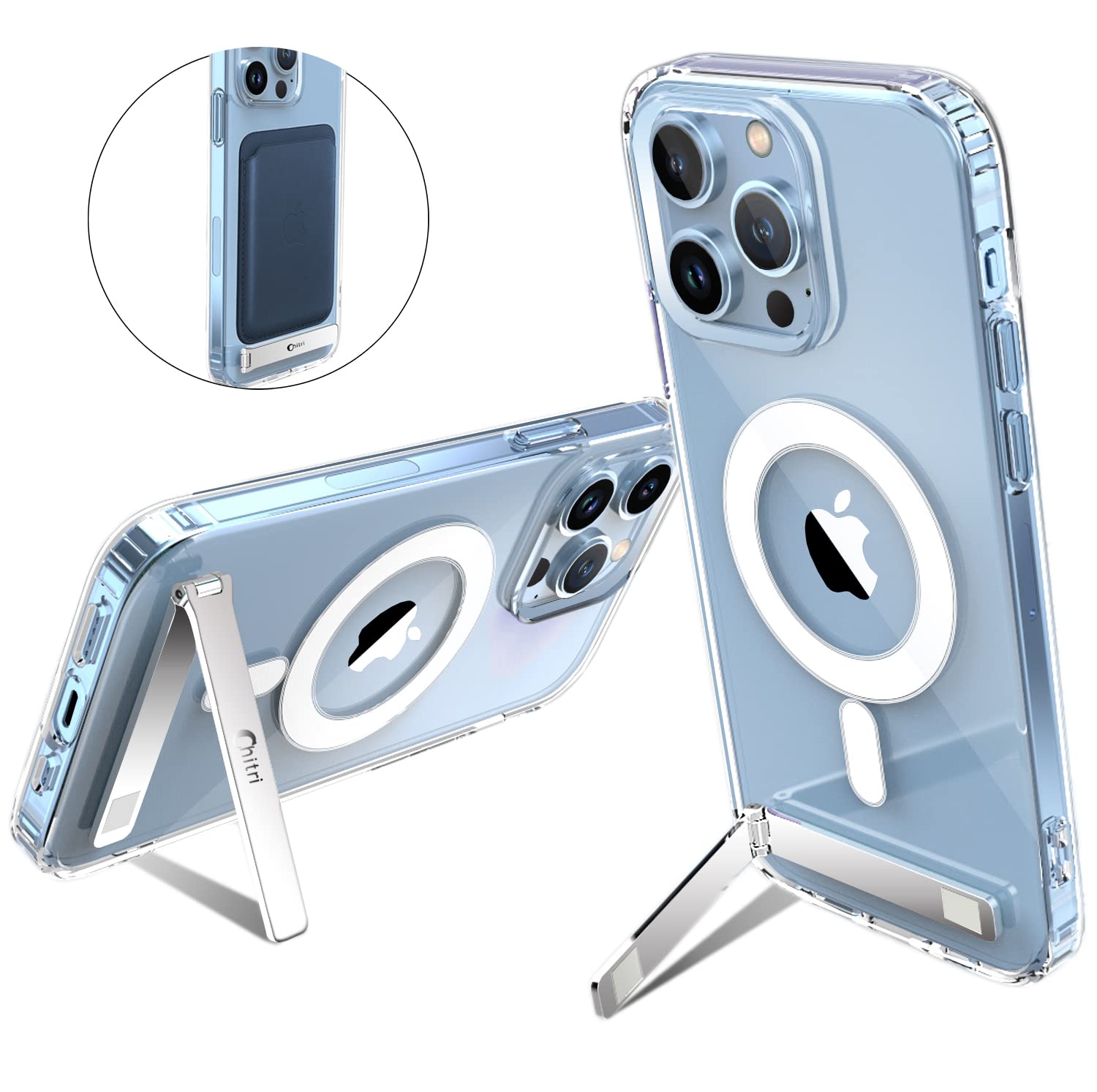 Photo 1 of Chitri iPhone 13 Pro Max Clear Case, Three-Way Stand Magnetic Compatible With MagSafe Charger, Metal Kickstand, Transparent Hard PC Back, Slim Shockproof Protective