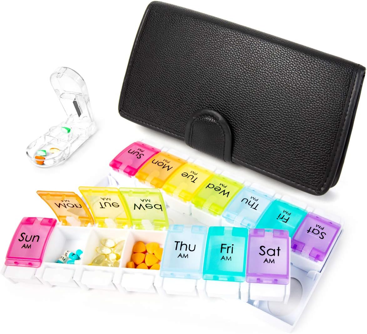 7 Day Pill Box Case Weekly Twice a Day Pill Organizer with Pill Cutter 14 Compartments to Hold Vitamins, Cod Liver Oil, Supplements and Medication