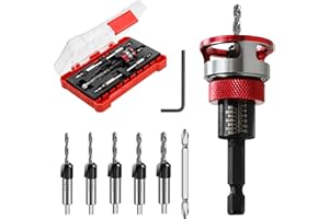 SEUPHUBS 7-Piece Countersink Drill Bit Set with Aluminum Alloy Stop Collar, a Screwdriver Bit, 5 HSS M2 Tapered Bits and a Wrench, 1/4" Hex Shank Countersink Drill Bit for Woodworking
