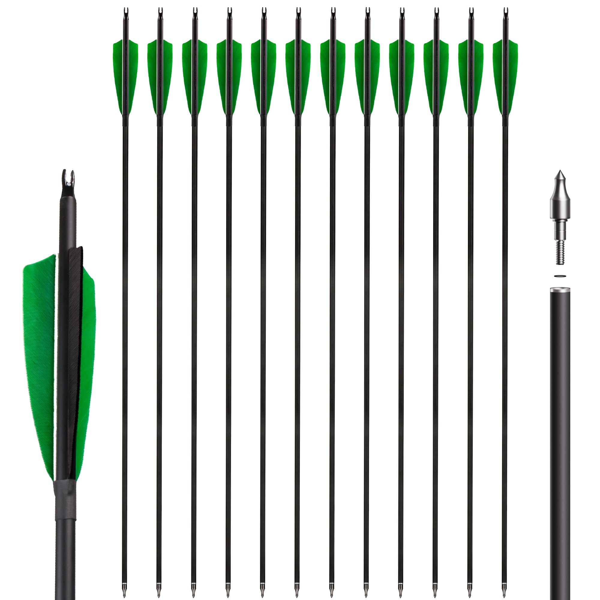 30 Inch Carbon Arrows - Archery Practice Hunting Arrows, 12 Arrow Shafts 500 Green Turkey Feathers for Recurve Bow Hunting Arrows
