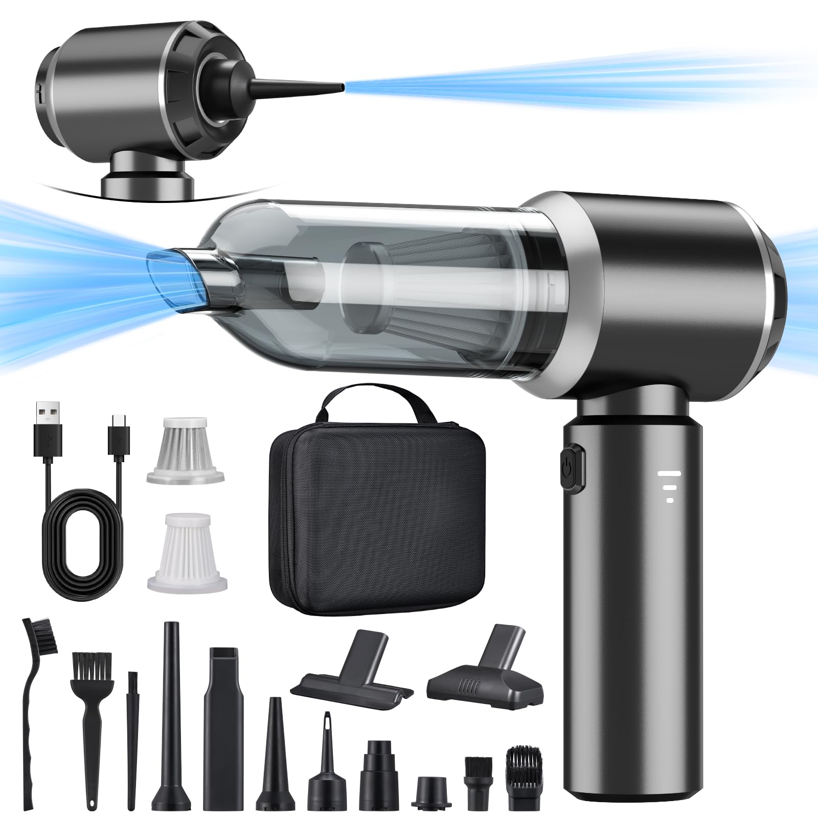 2-in-1 Handstaubsauger Akku,28000PA Handstaubsauger Kabellos,Auto Staubsauger Stark,3-Gang 240000 U/min Elektrische Staubgebläse Druckluftspray für Auto, Küche,PC, Sofa, Büro, Haus& Tierhaar Reinigung