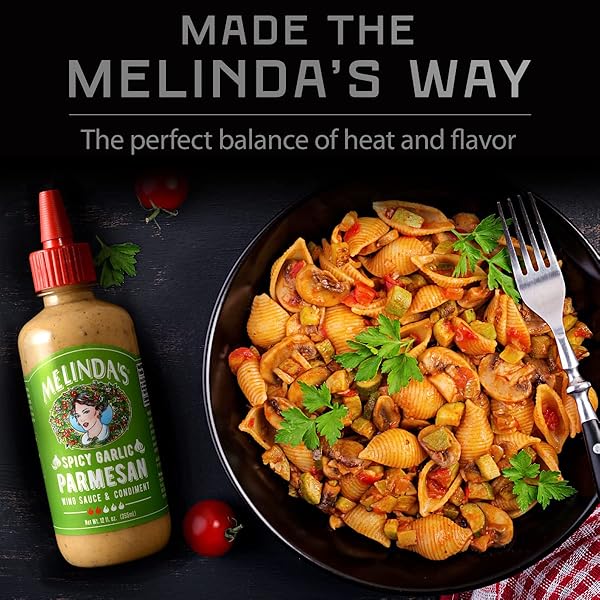 MELINDA’S SPICY GARLIC PARMESAN WING SAUCE – CRAFT GARLIC PARMESAN WING SAUCE WITH HABANERO PEPPERS, PARMESAN CHEESE, FRESH GARLIC – PERFECT FOR BUFFALO WINGS, PIZZA, PASTA – 12OZ, 1 PACK