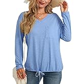 V Neck Long Sleeve T Shirts for Women Basic Drawstring Blouse Tees Elastic Hem Spring Fall Tunic Top 2026 Trendy