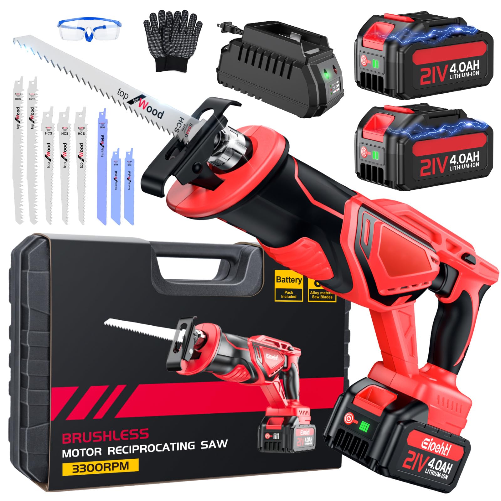 XIAZIR Akku-Säbelsäge, 3500 SPM Bürstenloser Motor, 2×21V 4000mAh Hochleistungs-Akkus, 8-teiliges Klingen-Set für Holz, Metall, Kunststoff und PVC, Kabellos & Profiqualität