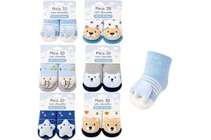 Kit 3 Pares Meia Infantil Antiderrapante Bebê Menino Menina com Pelúcia 3D Meia Bebê Antiderrapante Macia Confortável para Primeiros Passos