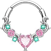 Jewseen Rose Septum Rings 16G Hinged Segment Rings 316L Stainless Steel Daith Earrings Heart CZ Septum Daith Cartilage Piercing Jewelry for Women