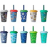 REDUCE GoGo's Kids Portable Tumbler Cups with Lids and Spill-Proof Straws - 10 Pack of Stackable 12 oz Tumblers with Twist-On Lids - Easy Storage, Dishwasher Safe - Club House