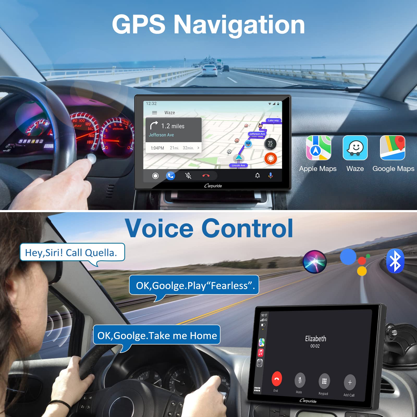 Carpuride W901 Pro Portable Carplay & Android Auto with Dula Bluetooth, 9 inch 1080P Touch Screen, Mirror Link/GPS/Siri/FM, Support Truck Dashboard Mounted