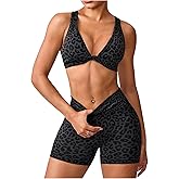 BEAUDRM Women's 2 Piece Leopard Print Athletic Outfits Criss Cross Sports Bra and Biker Shorts Gym Tracksuits
