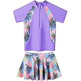 Girls Rash Guard Swimsuits Set 2 Pcs Bathing Suit UPF50+ Short Sleeve Kids Beach Swimming Skirts with Shorts Swimwear 3-14Y