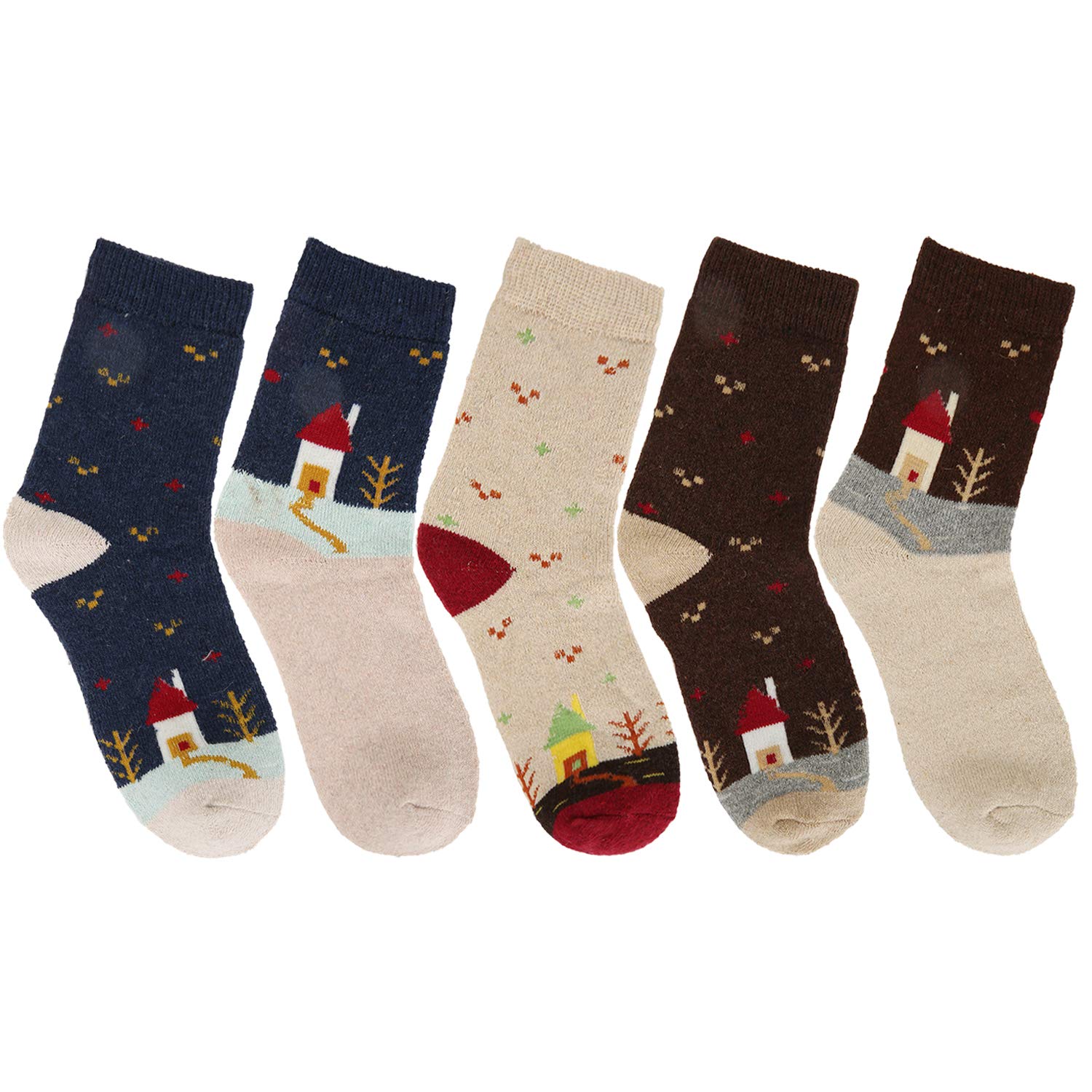 Happypop Women Girls Winter Thick Wool Warm Socks Soft Fuzzy Cute House Crew Socks Thermal Slipper Socks 5 Pack