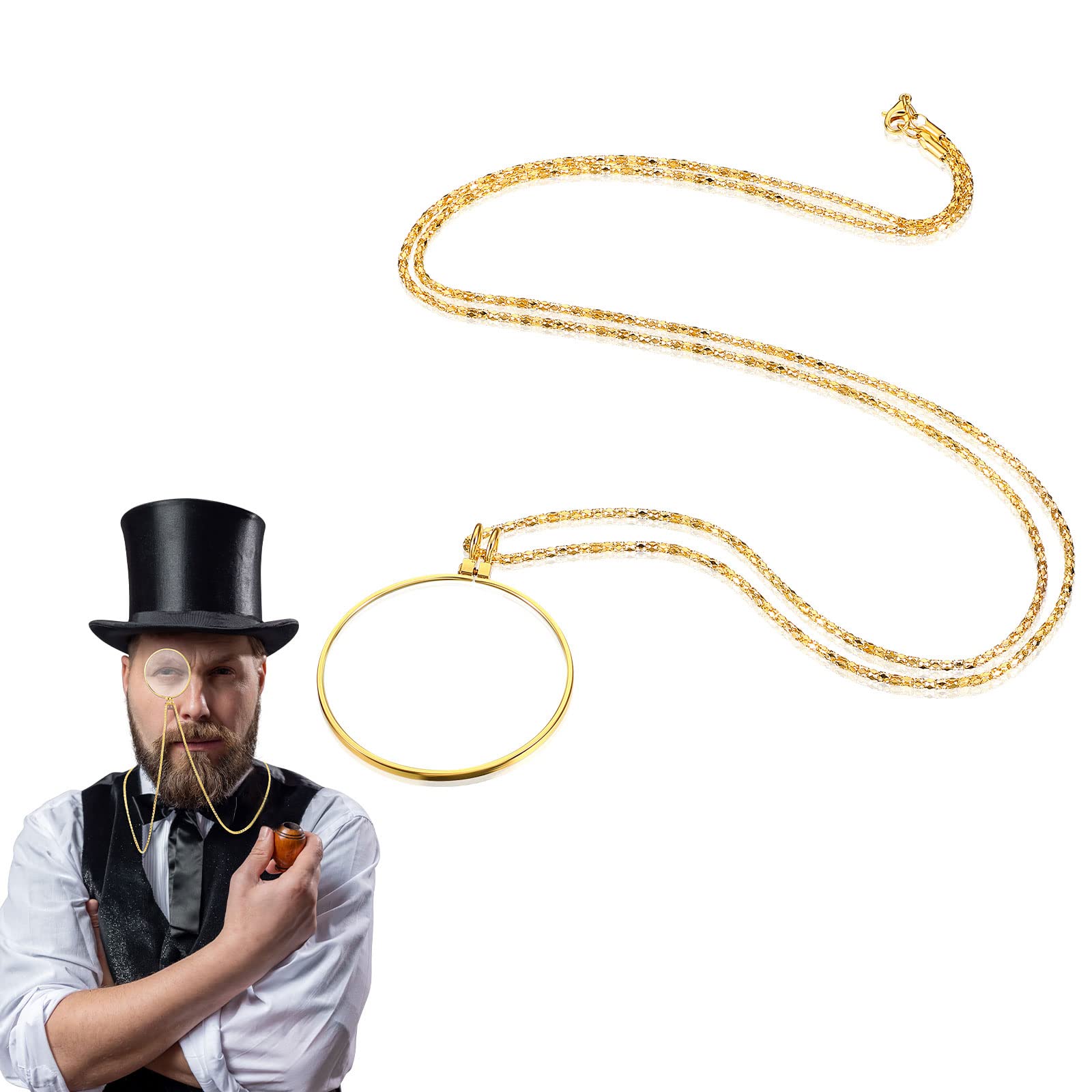 Herdear Gentleman's Monocle Magnifying Glass Necklace Pendant Monocle Eyeglass for Gentleman Costume Old Man Costume Accessories Fancy Dress Party Role Play, Golden Halloween