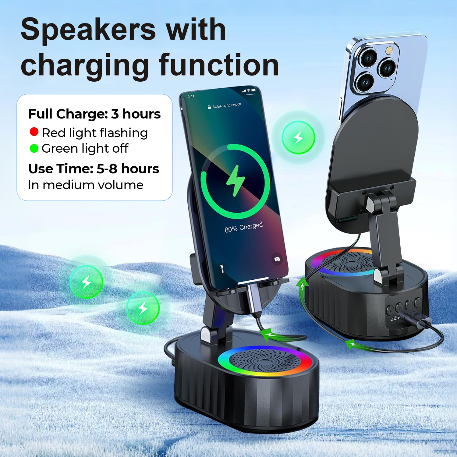 Wireless Induction Audio Bluetooth Speaker 5in1 Phone Holder Emergency Rechargeable (3000mAh) with Colorful Ambient Light 300° Foldable for Tablet iPhone Android, Gifts for Men Women (Black)